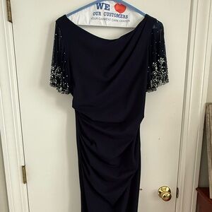 Elegant Navy Blue Dress with Beaded Sleeves